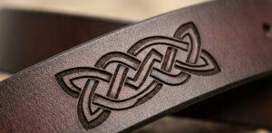 Laser engraved leather belt close-up